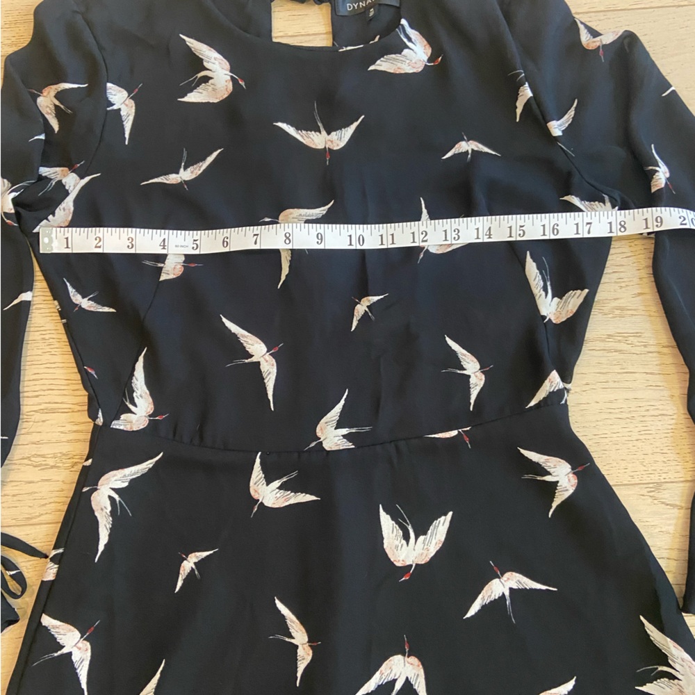 Black Fit & Flare Mini Dress Bird Print Medium Square Neck Feminine Summer - Picture 6 of 8